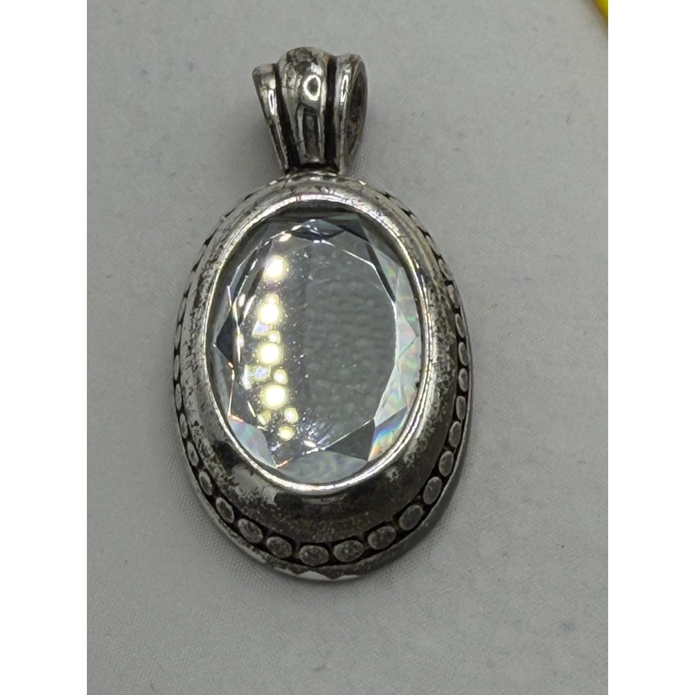Vintage Silver Tone Oval Faceted Clear Crystal Pendant Beaded Border Statement
